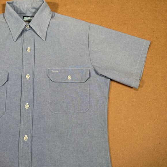 Vintage 70s Blue Chambray Short Sleeve Work Shirt Double Pocket USA Made M - Picture 3 of 8